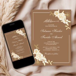 Convite Ramo de Folhas Florais Bege Creme Casamento Muçulm