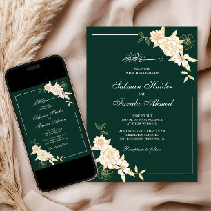 Convite Ramo de Folhas Florais Creme Esmeralda Casamento M