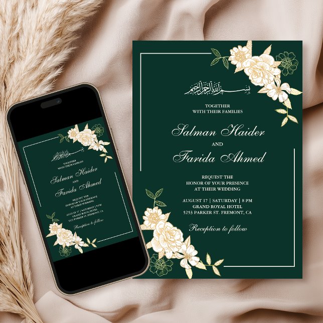 Convite Ramo de Folhas Florais Creme Esmeralda Casamento M (Criador carregado)