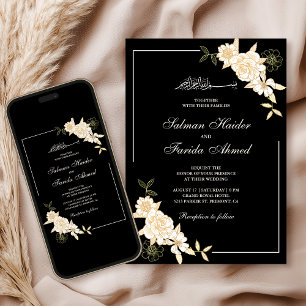 Convite Ramo de Folhas Florais Creme Preto Casamento Muçul