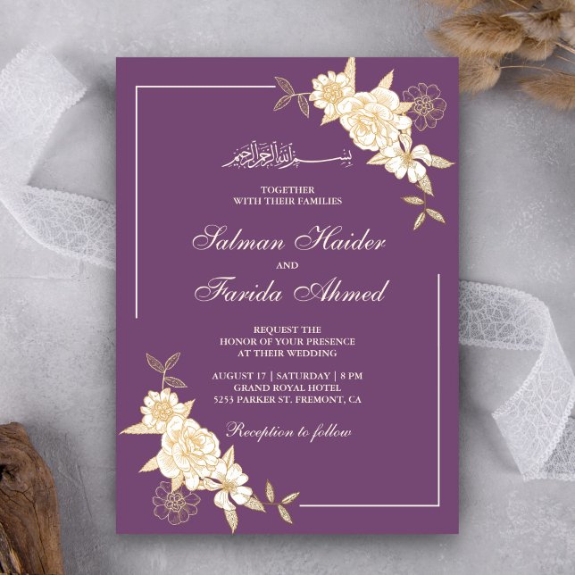 Convite Ramo de Folhas Florais de Marfim Roxo Casamento Mu (Criador carregado)