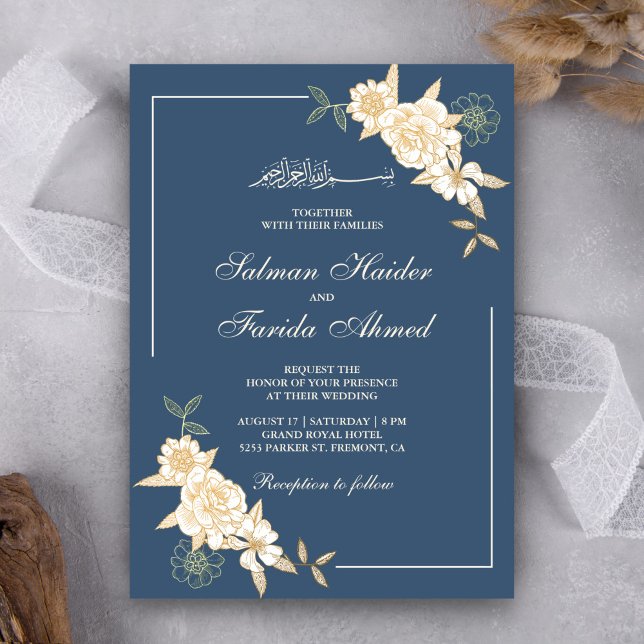 Convite Ramo de Folhas Florais Marfim Azul Casamento Muçul (Criador carregado)