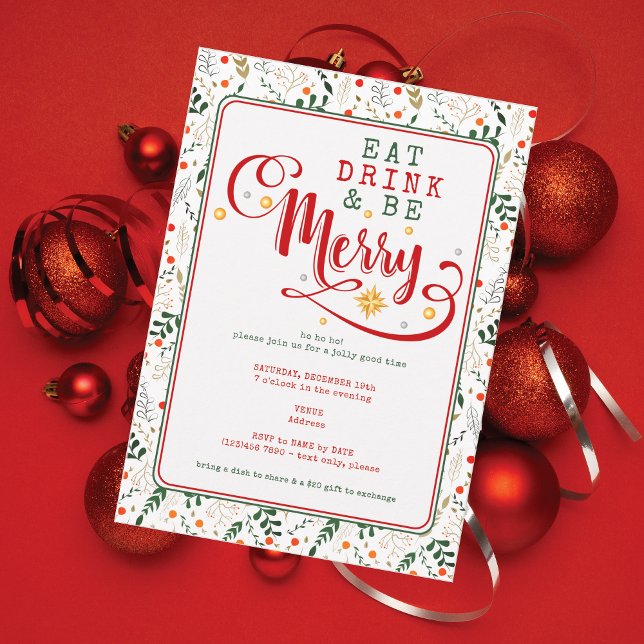 Convite Ramo de Fruta Coma Beba e Alegre Natal Compartilhe (Berry Branch Bold Script Eat Drink Be Merry Christmas Potluck for Church Family Office Xmas Parties)