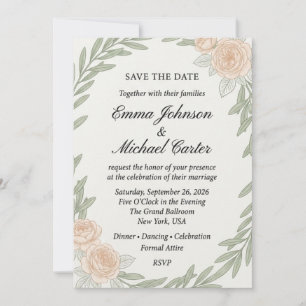 Convite Ramo de Oliveira e Rosa Pêssego Aquarela Casamento