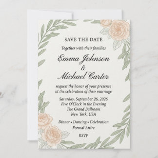 Convite Ramo de Oliveira e Rosa Pêssego Aquarela Casamento