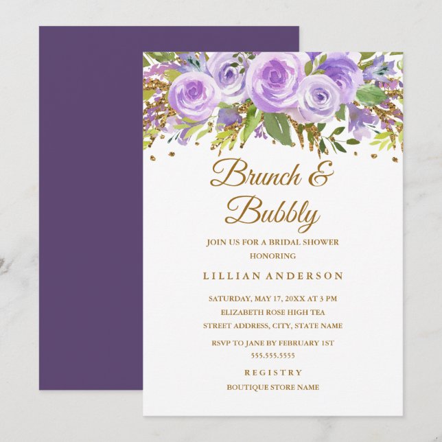 Convite Ramo De Rosa Floral Dourado Roxo Brunch E Espumant (Frente/Verso)