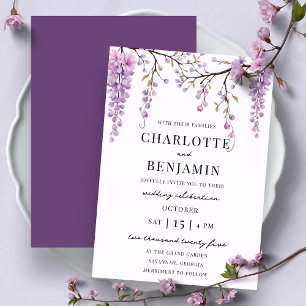 Convite Ramo Elegante de Wisteria em Aquarela para Casamen