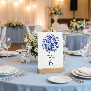 Convite Ramo Floral Azul Número de Mesa de Casamento