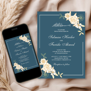 Convite Ramo Floral Creme Azul Empoeirado Casamento Muçulm