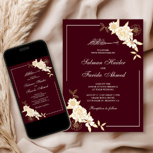 Convite Ramo Floral Creme Borgonha para Casamento Muçulman