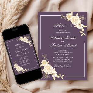 Convite Ramo Floral Creme Roxo Empolvado Casamento Muçulma