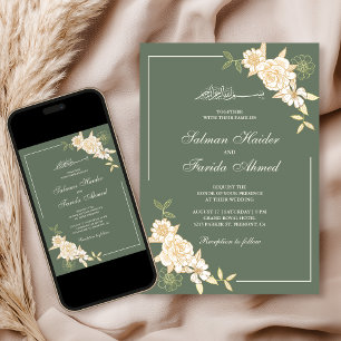 Convite Ramo Floral Creme Verde Salvia para Casamento Muçu