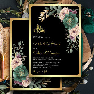 Convite Ramo Floral Esmeralda Código QR Casamento Muçulman