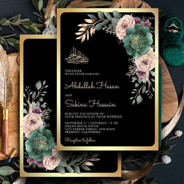 Convite Ramo Floral Esmeralda Código QR Casamento Muçulman (Criador carregado)