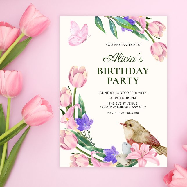 Convite ramo floral pássaro aniversário (Criador carregado)