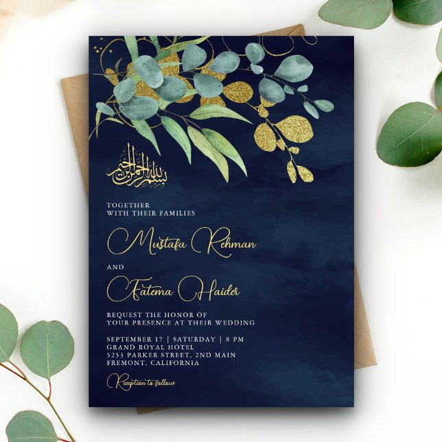 Convite Ramo Islâmico de Casamento Eucalipto Azul Marinho  (Criador carregado)