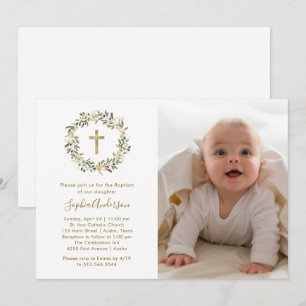 Convite Ramos de Oliva Verde e Dourado   Foto Baptism