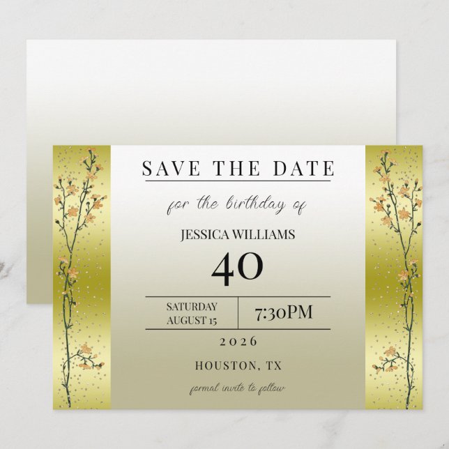 Convite Ramos de Outono, Confete Dourado Salvar a Data (Frente/Verso)