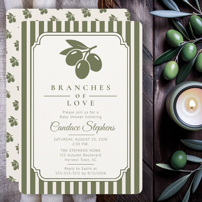 Convite Ramos Elegantes de Amor Chuva de Bebê Oliva (Elegant olive branch baby shower invitation with sage stripes and timeless botanical styling.)