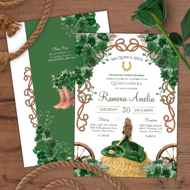 Convite Ranhura Verde Floral Ocidental Charra Quinceañera (Criador carregado)