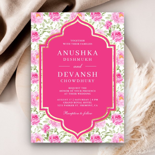 Convite Rani Pink Padrão Floral Tudo em Um Casamento India (Criador carregado)