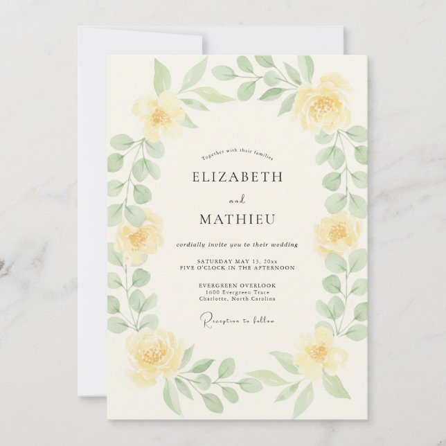 Convite Ranúnculo Amarelo Casamento com Folhas (Frente)