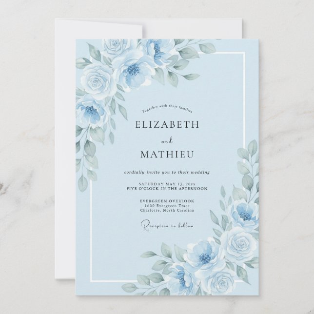 Convite Ranúnculo Azul Pó Eucalipto Casamento (Frente)