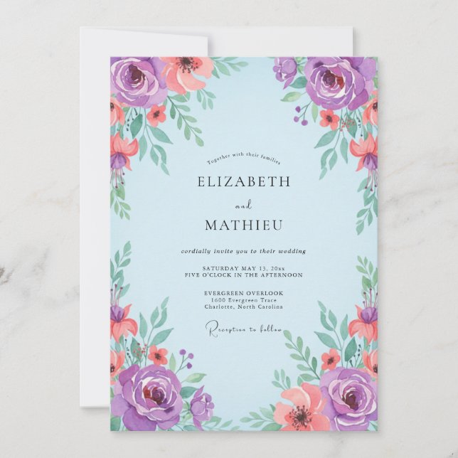 Convite Ranúnculo Coral Roxo Eucalipto Cinza Casamento (Frente)