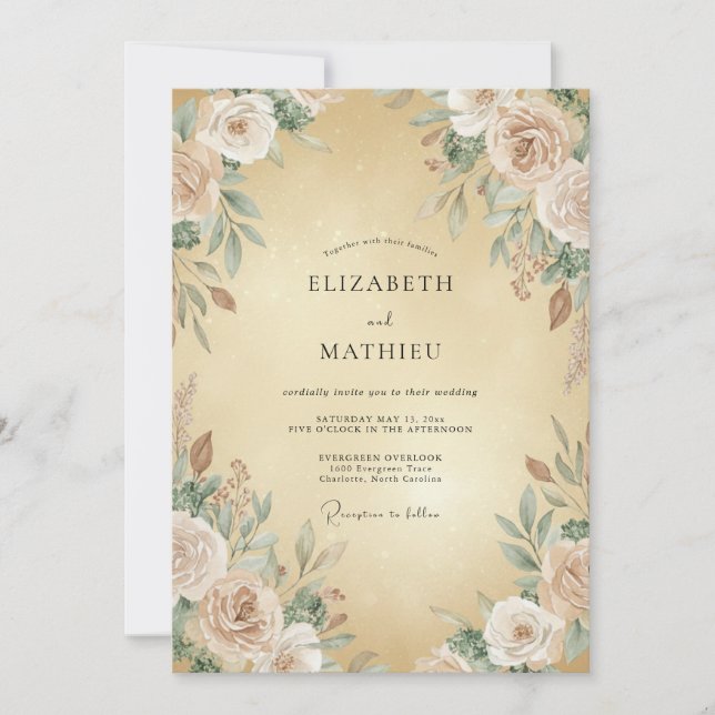 Convite Ranúnculo Creme Macio Dourado Casamento Eucalipto (Frente)
