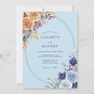 Convite Ranúnculo Dourado Azul-Celeste Casamento Sage