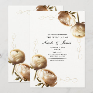 Convite Ranúnculo Floral Creme e Branco para Casamento