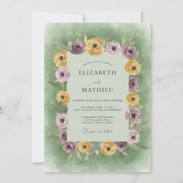 Convite Ranúnculo Lilás Mostarda Casamento Eucalipto Suave (Frente)
