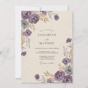 Convite Ranúnculo Roxo Dourado Casamento Eucalipto Silenci