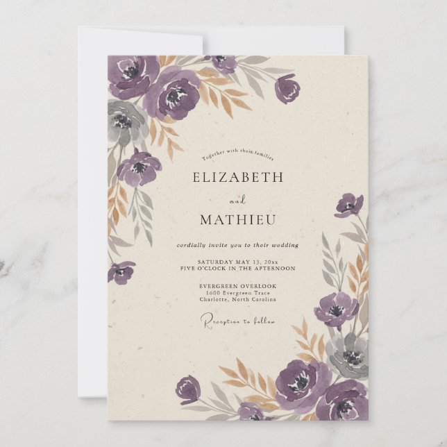 Convite Ranúnculo Roxo Dourado Casamento Eucalipto Silenci (Frente)