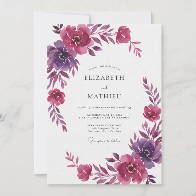 Convite Ranúnculo Roxo Eucalipto Casamento (Frente)