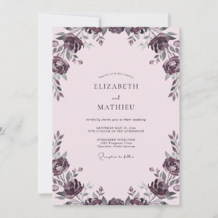 Convite Ranúnculo Roxo Folhagem Suave Eucalipto Casamento