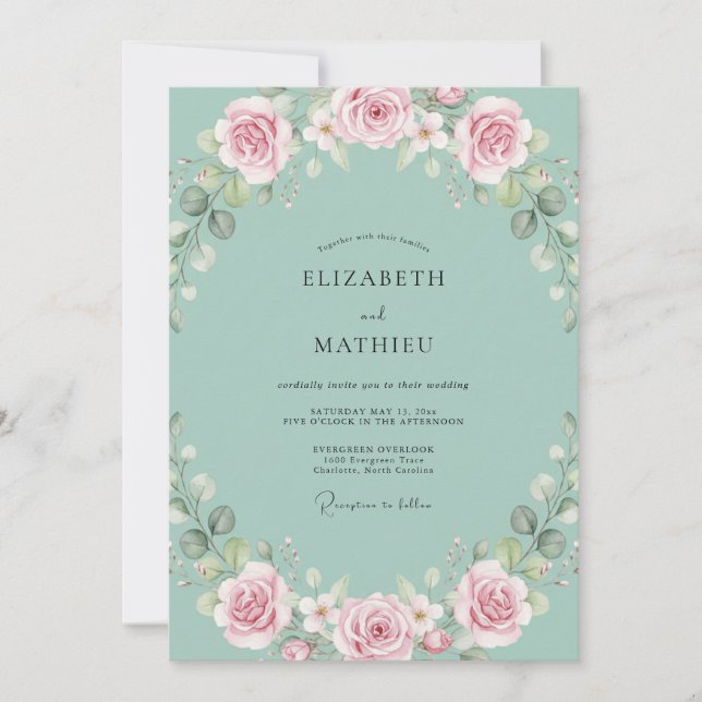 Convite Ranúnculo Seafoam Folhagem Eucalipto Casamento (Frente)