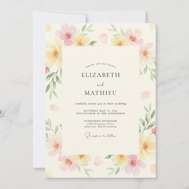 Convite Ranunculus de Eucalipto Amarelo Pálido Casamento (Frente)