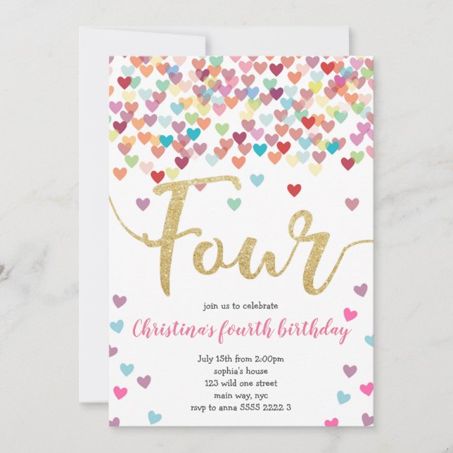 Convite Rapariga 4º aniversário Corações Confetti Rainbow  (Frente)