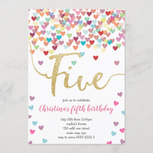Convite Rapariga 5 de Aniversário Corações Confetti Rainbo