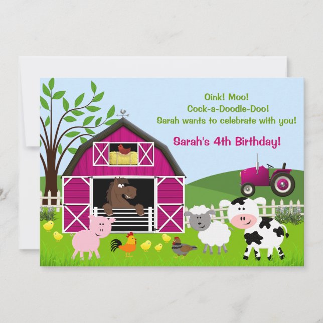 Convite Rapariga Animais de Criação de Barnyard Convidaçõe (Frente)
