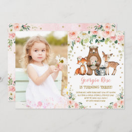 Convite Rapariga Animais Woodland Aniversário Peach Blush 