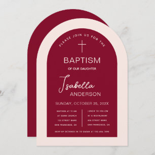 Convite Rapariga Baptism Arch Burgundy Rosa Script Moderno