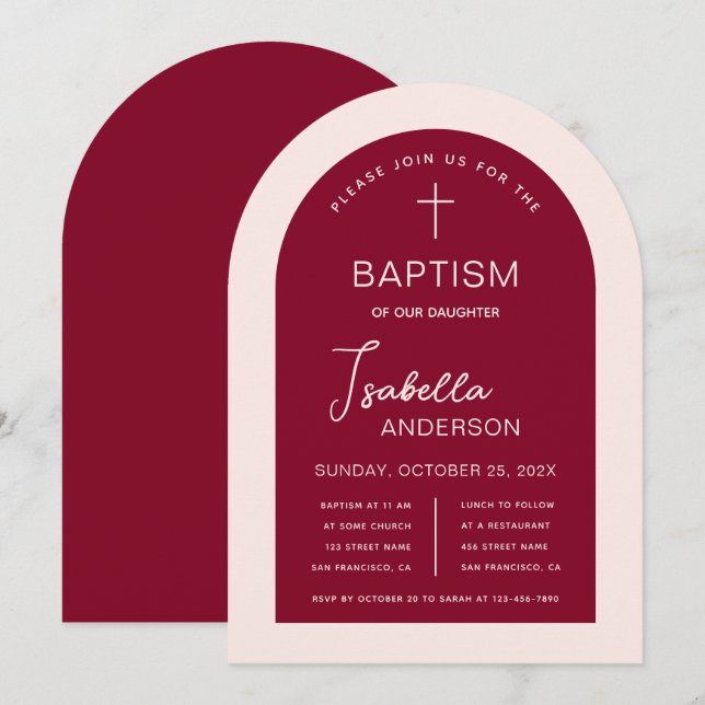 Convite Rapariga Baptism Arch Burgundy Rosa Script Moderno (Frente/Verso)