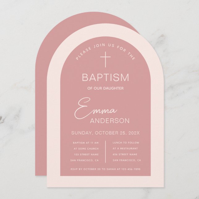 Convite Rapariga Baptism Arch Rosa Moderno Script Dusty Ro (Frente/Verso)