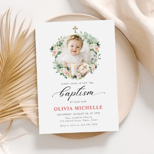 Convite Rapariga Baptism Christening Foto Floral