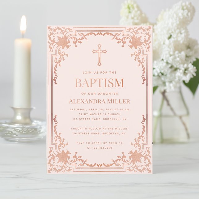 Convite Rapariga Baptism Rosa Blush Pink Elegante (Criador carregado)
