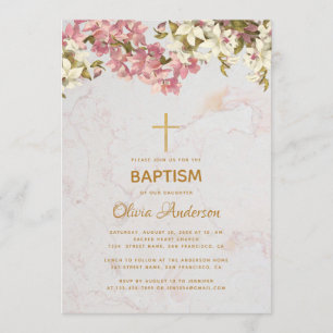 Convite Rapariga Baptisma Orquídeas Rosa Florais Douradas 
