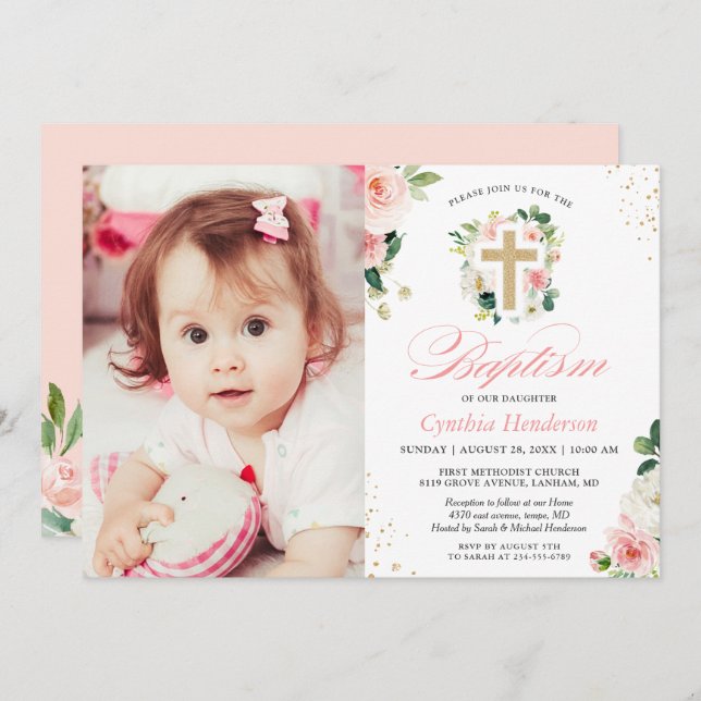Convite Rapariga Baptismo Cristening Foto Blush Pink Flora (Frente/Verso)