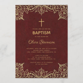 Convite Rapariga Baptismo Elegante Borgonha Dourada Vintag